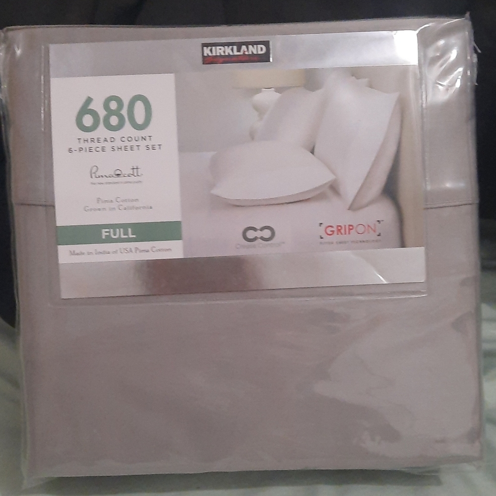 NEW Kirkland Signature 100% Cotton 680 Thread Count Sheet Set, Gray, Full Size